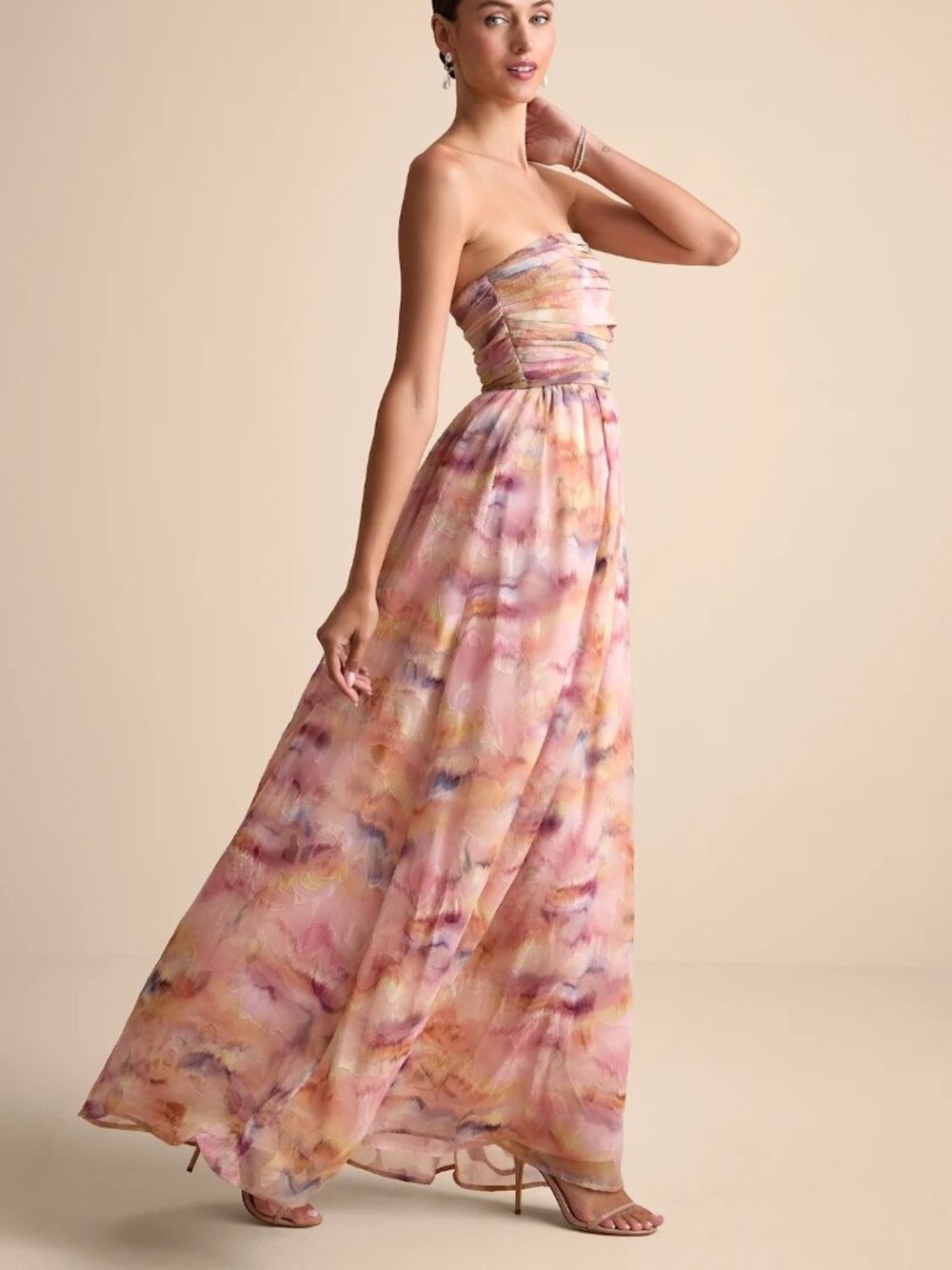 Lulus Mykala Light Pink Abstract Pleated Strapless Maxi Dress Size XL